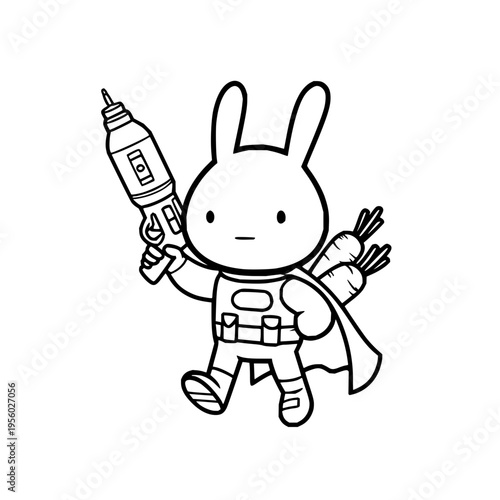 Whimsical cartoon rabbit astronaut character in a superhero cape holding a futuristic ray gun and carrying a bunch of carrots on its back walking confidently against a clean white