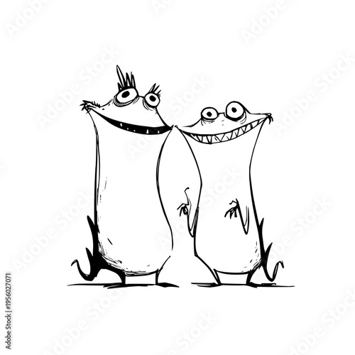 Whimsical cartoon illustration of two quirky stylized monster characters with exaggerated eyes and wide smiles standing side by side in a playful slightly mischievous pose