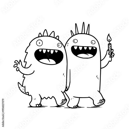 Two cartoony quirky hand drawn monsters with wide mouths and sharp teeth are walking together happily one holding a lit birthday candle celebrating a special occasion with a fun
