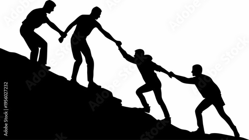 Four people helping each other up a steep hill