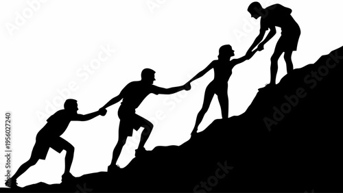 Four people helping each other climb a steep hill