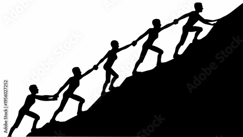 People helping each other climb a steep hill