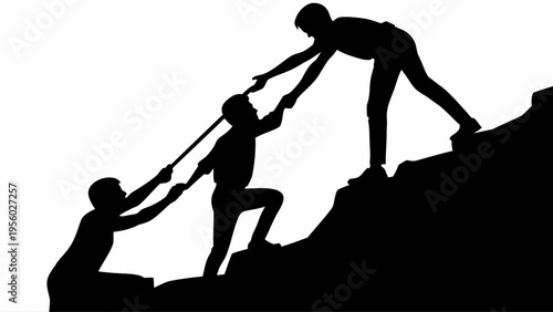Three people helping each other to climb a mountain