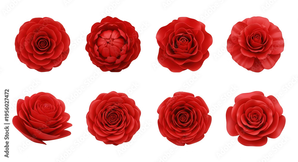 Obraz premium eight vibrant red rose flower heads displayed on a white background floral design or valentines day