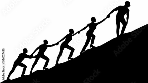 People helping each other climb a steep hill