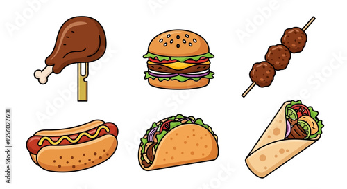 Delicious and colorful cartoon illustrations of various fast food items on white background.