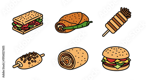 Isometric illustration of various delicious fast food items with outlines.