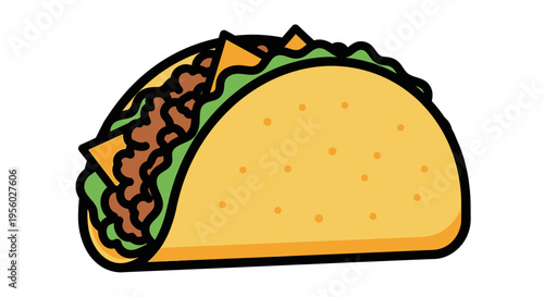 Delicious cartoon taco with beef, cheese, lettuce, and a crunchy shell.