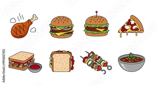 Delicious and colorful illustration of various fast food items on white background.