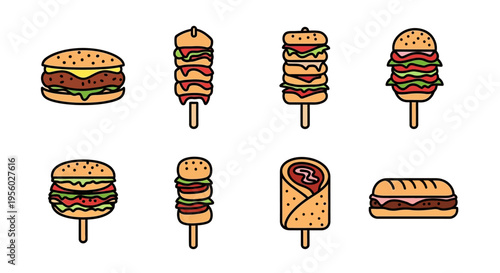 Delicious and colorful fast food illustrations including burgers, sandwiches, and wraps.
