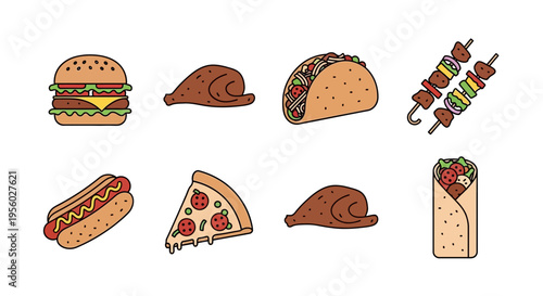 Delicious fast food collection with burger, pizza, taco, and other tasty items.