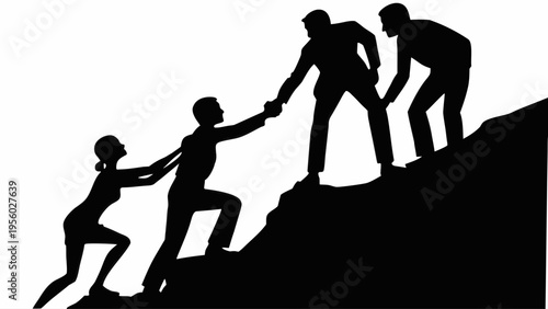 Four people helping each other climb a mountain