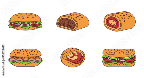 Delicious and appetizing illustrations of various sandwiches and pastries for food lovers.