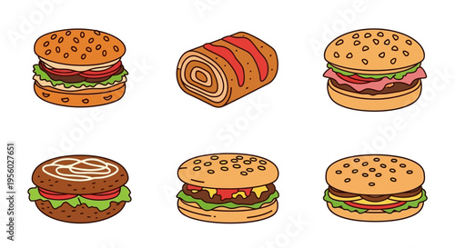 Delicious and appetizing burgers and pastries in a colorful cartoon style.