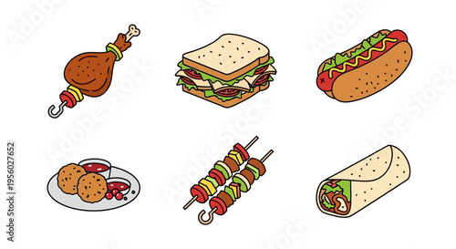 Delicious and colorful illustrations of various fast food items on white background.