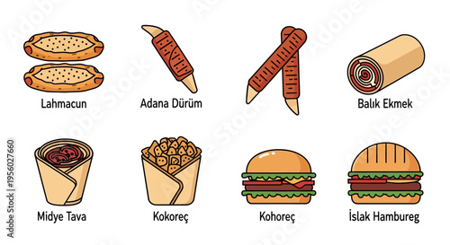 Delicious Turkish street food assortment with various traditional dishes and snacks.