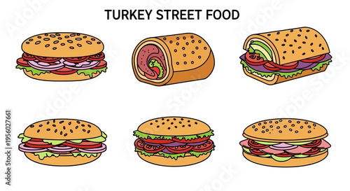 Delicious and colorful illustration of various Turkish street food sandwiches and wraps.