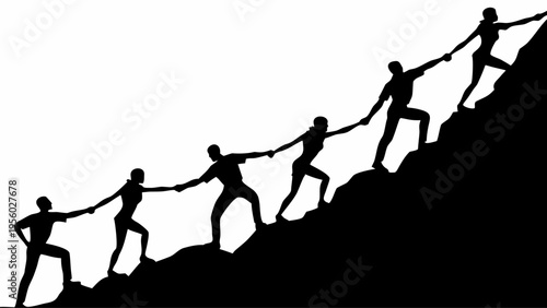 People helping each other climb a steep hill