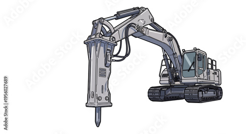 Heavy machinery excavator with jackhammer attachment.