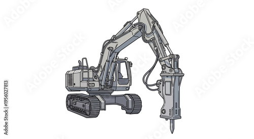Heavy duty excavator with jackhammer attachment.