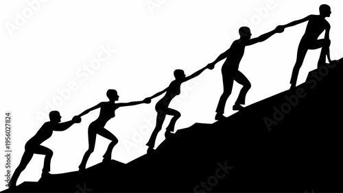 A group of people helping each other climb a hill