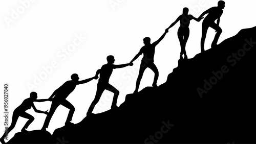 Group of people helping each other to climb a steep hill