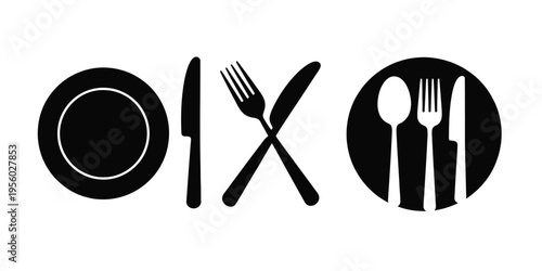 Cutlery icons dining utensils fork knife spoon plate food service vector
