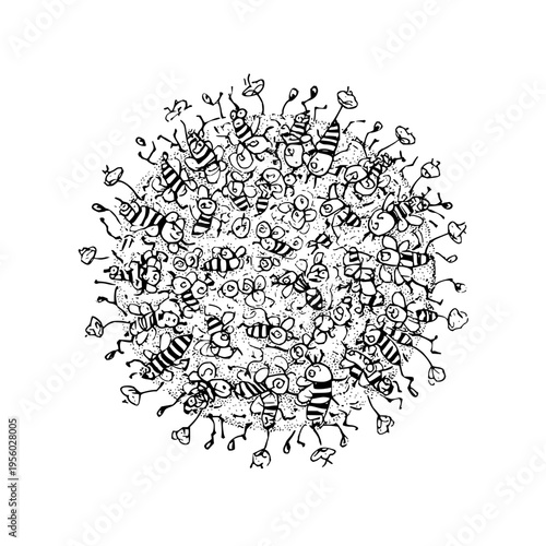 Whimsical swarm of cartoon bees meticulously arranged in a circular pattern their striped bodies and tiny wings creating a lively buzzing energy set against a clean white