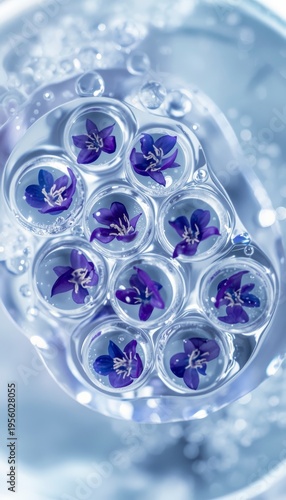 Microscopic blue flowers inside biological glass spheres, futuristic biotechnology research concept, cryogenic fine art abstraction.