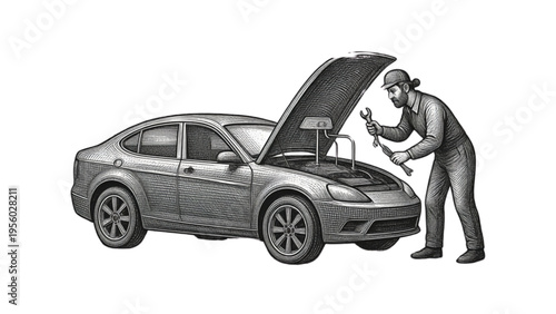 A red retro toy car carrying a small vector illustration of a cartoon automobile on its roof, isolated as a vintage sports vehicle model for transport and travel