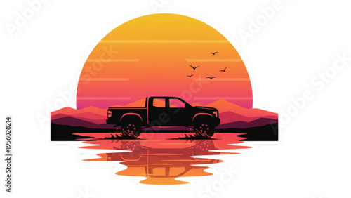 A fast automobile and a heavy transport truck drive along a scenic highway landscape while a sleek car travels across the sand toward the sunset sky