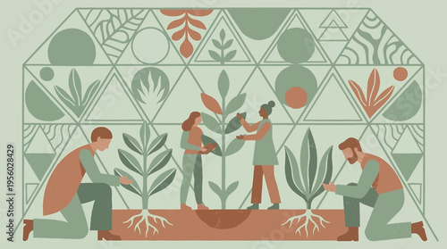 People cultivating plants in a modern geometric greenhouse for sustainable agriculture