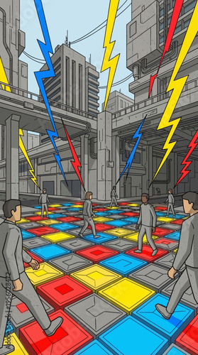 Smart city infrastructure with pedestrians generating renewable electricity on kinetic energy tiles