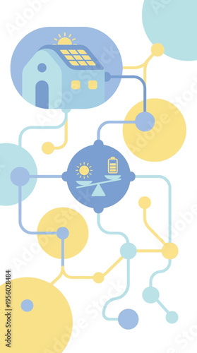Smart grid network concept with home solar panel energy and battery storage balance