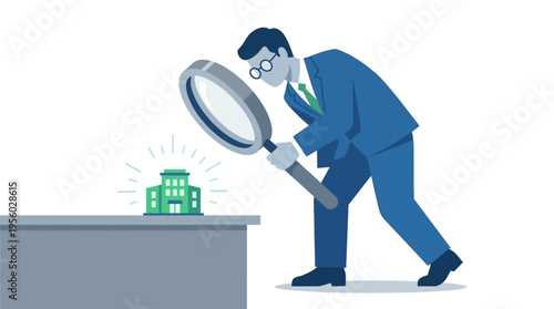 Businessman inspecting glowing green building with magnifying glass for ESG compliance