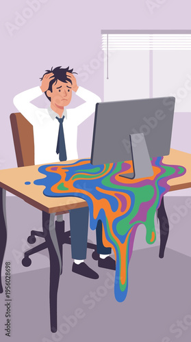 Stressed businessman at desk with computer melting into colorful abstract liquid concept of digital fatigue