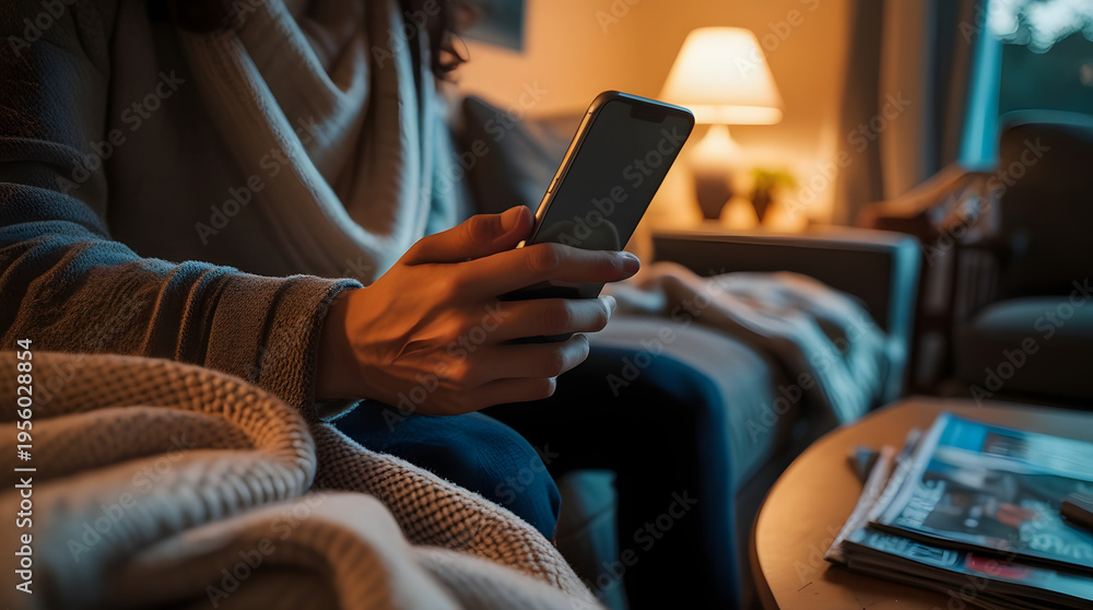 Fototapeta premium Close-Up of Person Using Smartphone on Couch in Cozy Evening Living Room