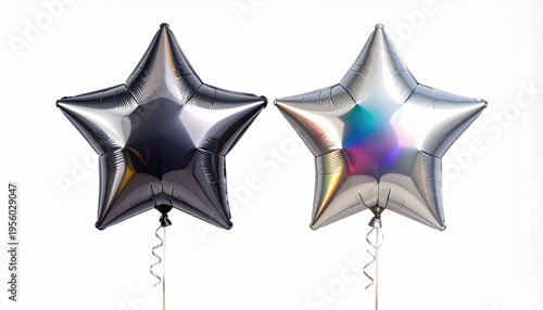 Two shiny star-shaped balloons on white background