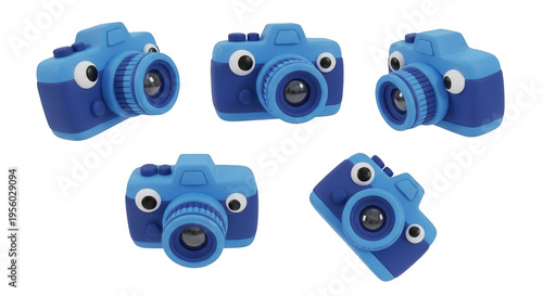 blue cartoon cameras in various angles against a plain white background photography or creative concepts