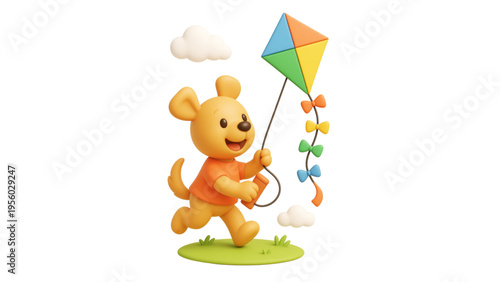 A cute cartoon vector illustration of a baby teddy bear holding colorful birthday balloons and a heart gift for a joyful childhood party celebration
