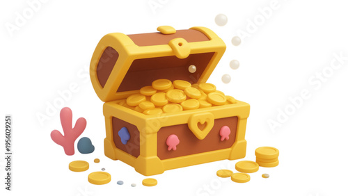 An open antique wooden treasure chest overflows with vintage gold coins and luxury jewelry, symbolizing wealth and pirate savings in a weathered brown trunk