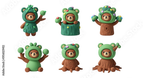 cute clay bears dressed as trees in various poses isolated on white background childrens books or educational content