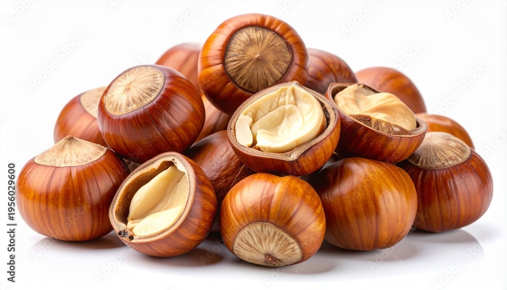 Obraz premium Fresh hazelnuts, some shelled, on white background