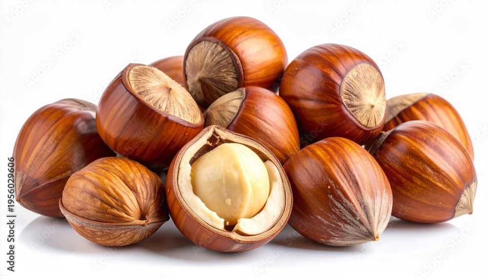 Obraz premium Hazelnuts on white background, some shelled