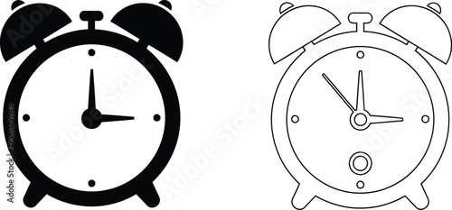 Alarm clock black and white line art illustration Vector