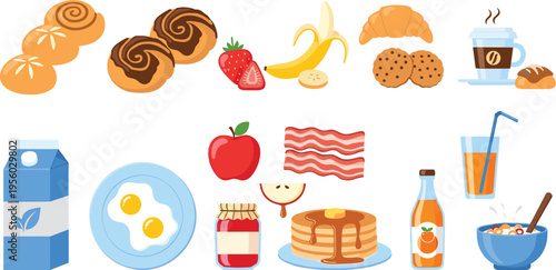 Breakfast food collection with eggs pancakes croissant coffee juice cereal and fruits morning meal vector illustration set