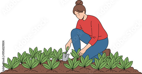 Woman gardening planting seedlings in soil with hand shovel outdoor activity eco lifestyle nature vector illustration