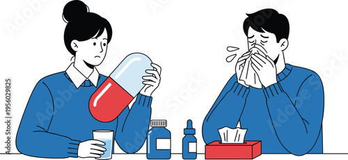 People with flu symptoms taking medicine sneezing and using tissues illness healthcare concept vector illustration scene