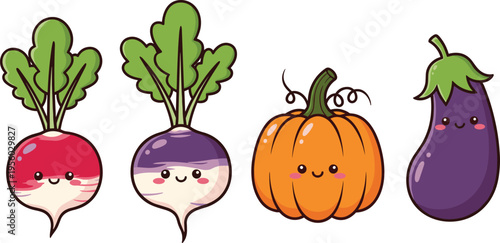 Cute vegetables cartoon set with radish turnip pumpkin and eggplant kawaii characters colorful food vector illustration