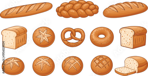 Bread and bakery products collection with loaf baguette pretzel bagel and buns fresh baked goods vector illustration set
